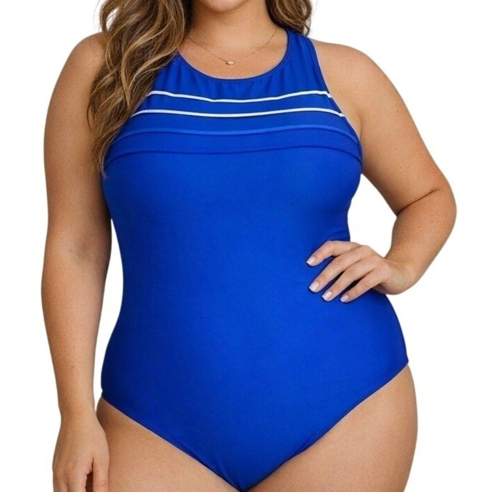 Catalina Blue High Neck One Piece Swimsuit XL 16-18 CA2409 NWT Sporty Modest